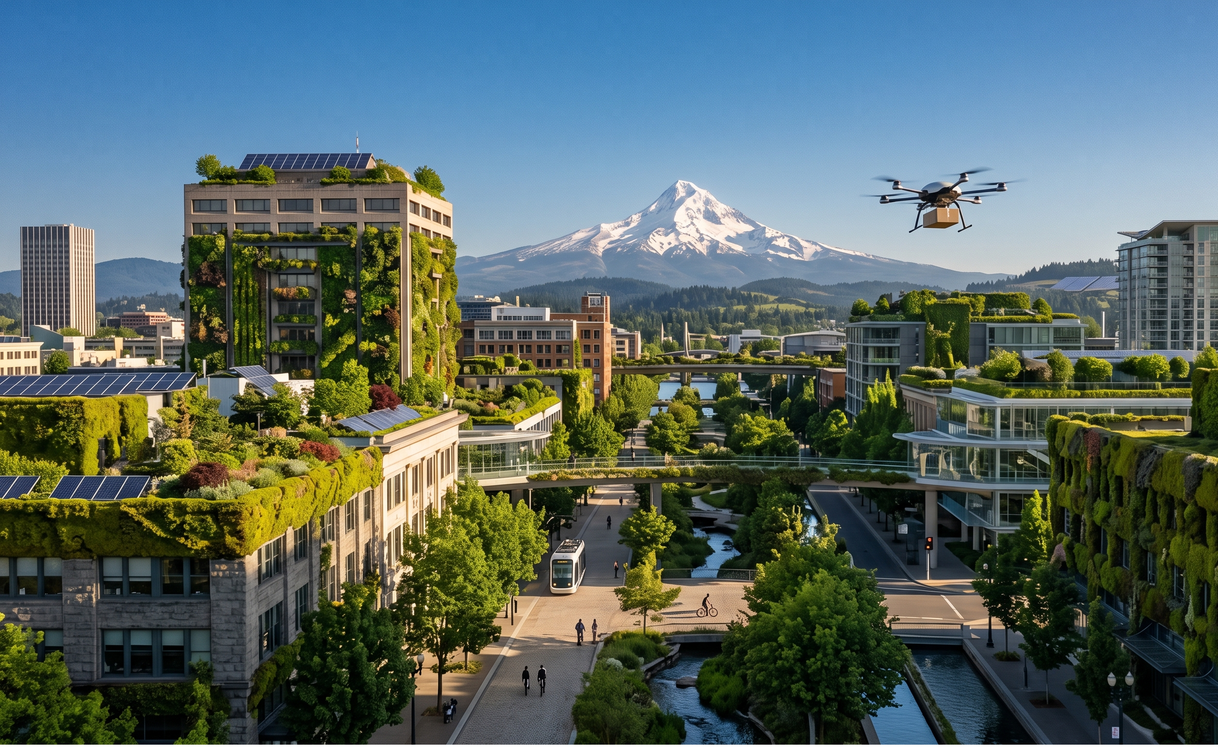 Futuristic green Portland on a clean bright morning, living buildings covered in plants, Mt. Hood in the distance